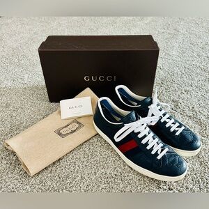 Gucci Ace Blue GG Monogram Leather Sneakers US 9 EU 42 UK 8 Excellent Condition